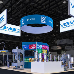 A Modular Frame Tradeshow Booth made in collaboration with Top Shelf Exhibits, Inc. for the company VISMEC. The SEG graphics are mounted on beMatrix's frame system. The squared hanging signs are also BeMatrix frames, but the middle hanging sign is a custom round tube structure.