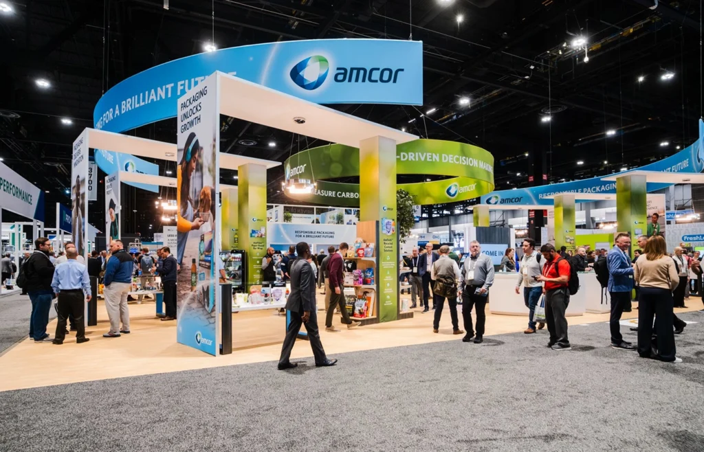 A colorful tradeshow booth for Amcor, with SEGs over both custom and modular frames.