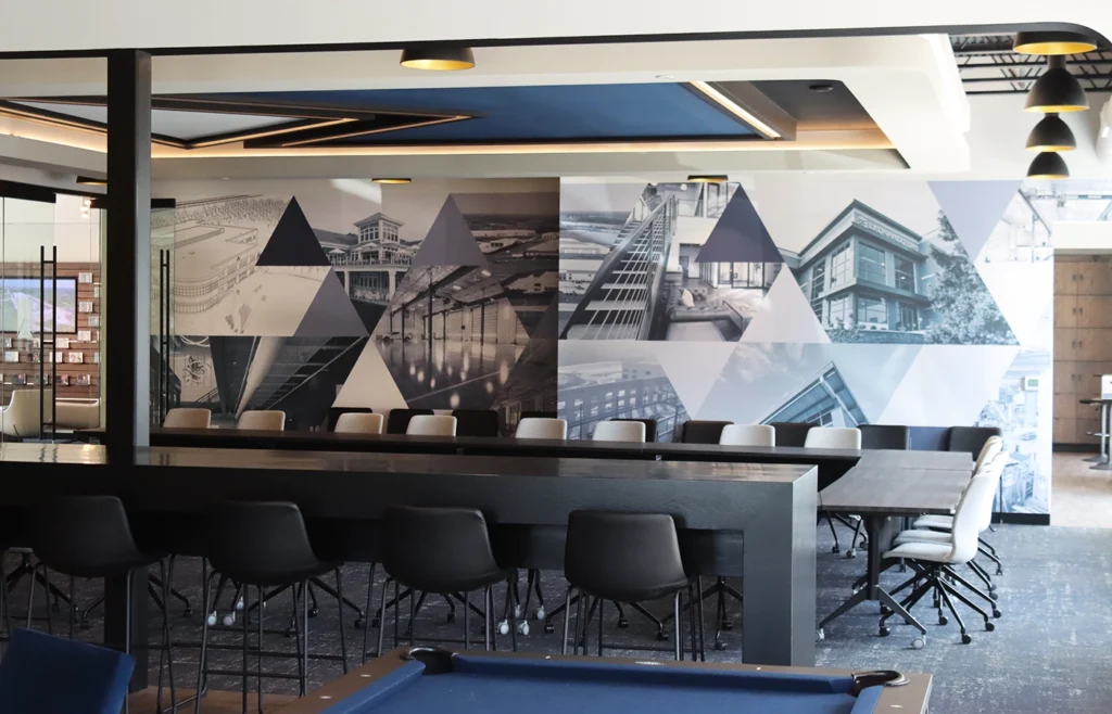 A corporate environment with a custom wall made with vinyl.